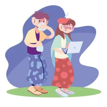 Sick couple working on the computer Illustrazione stock