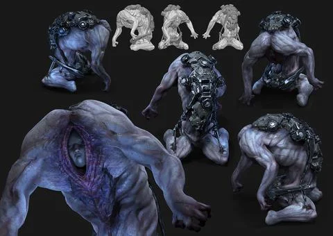 Sick creature scary from hell mutant crawling with cyborg machinic device Stock Illustration