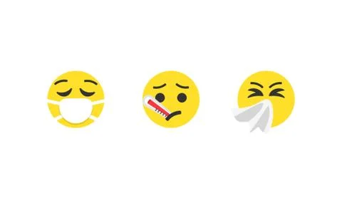 Sick emoji vector set. Sick emoticons Masked with thermometer and handkerchie Stock Illustration