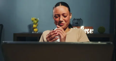 Sick, flu or cold while working from home, Young, woman and freelancer or Stock Footage 317107744