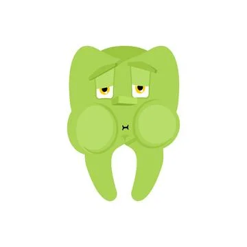 Sick green tooth, vomiting and unhappy, symbolizing dental illness, decay, .. Stock Illustration