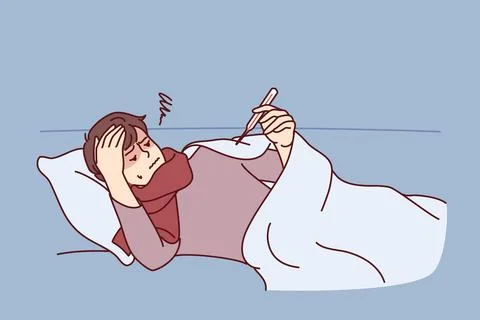 Sick guy lies on sofa or bed under blanket and looks at thermometer after Stock Illustration