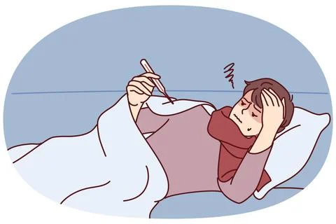 Sick guy lies on sofa or bed under blanket and looks at thermometer after ... Stock Photos