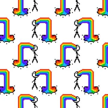 Sick guy puking rainbow. Seamless pattern background with 8 bit pixel man vomit Illustrazione stock