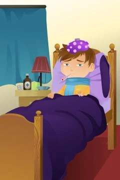 Sick kid on bed Stock Illustration