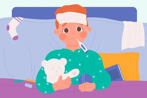 Sick kid with flu, cold and fever lying in bed at home, sad boy patient with Stock-Illustration