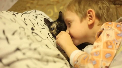 Sick little boy, lying in bed with a flu and a fever, watching TV Stock Footage 74490002