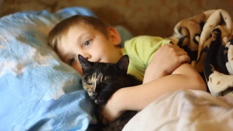 Sick little boy, lying in bed with a flu and a fever, watching TV Video stock 74490094
