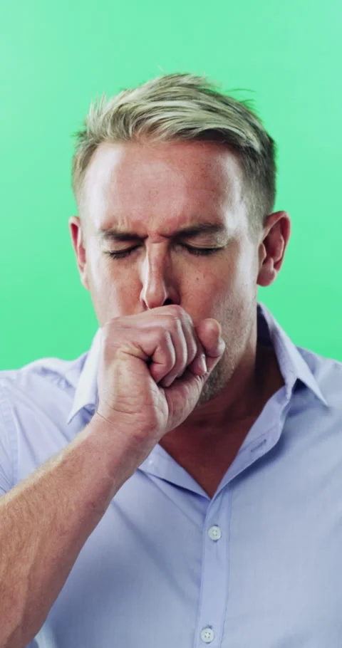 Sick, man and cough in studio with chest pain, respiratory infection and Stock Footage 334900344