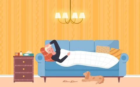 Sick man being treated with pills and medicines. Guy with fever, illness has Illustrazione stock