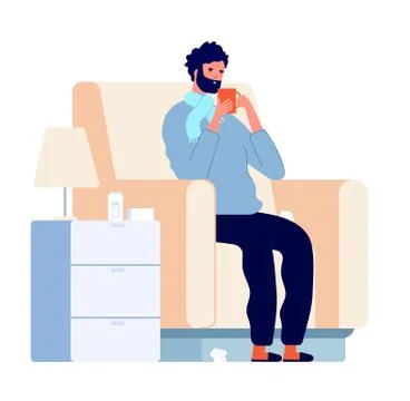 Sick man character. Cold disease, ill person in chair with fever sneeze. Adult Stock Illustration