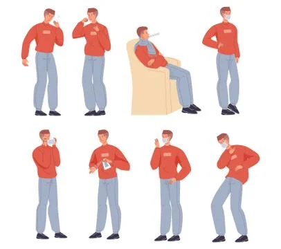Sick man character having cold or flu symptoms set Stock Illustration