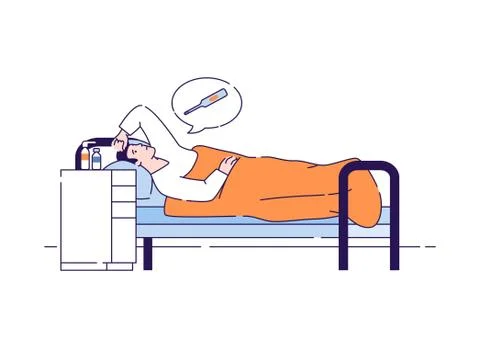 Sick man with a cold disease lying in a bed flat vector illustration. Male fe 库存插图