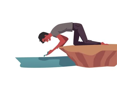 Sick man with dehydration drinking water from puddle, flat vector illustration Stock Illustration