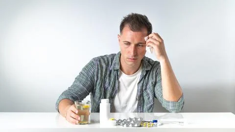 A sick man does not feel well - home treatment of influenza with pills Stock Photos