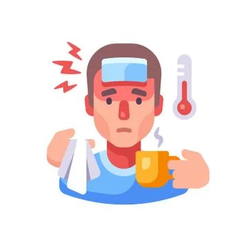 Sick man drinking tea flat illustration. Guy having flu symptoms. Infectious  Illustrazione stock