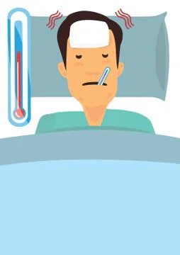Sick man lying in bed with thermometer in mouth covered in blanket measuring Stock Illustration