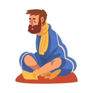 Sick Man Sitting on the Floor Wrapped in Plaid, Guy with Flu and Runny Nose Stock Illustration