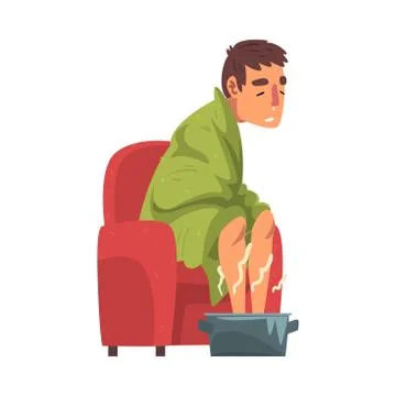 Sick Man Sitting under Green Plaid, Guy with Flu Heating his Feet in Basin with Stock Illustration