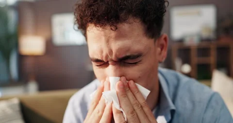 Sick man, sneeze and blowing nose with tissue for illness, influenza or viral Stock Footage 308065773