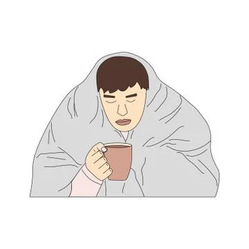 Sick man vector covered with a blanket and feelig cold Stock Illustration