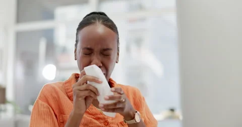 Sick, Nose Sneeze And Black Woman In Off... | Stock Video | Pond5