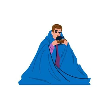 Sick office worker drinking hot beverage under blanket Stock Illustration