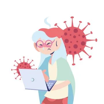 Sick old woman looking at the computer Stock Illustration