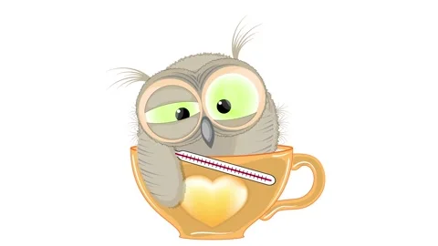 A sick owl with a thermometer in a mug. Animation on a white background. 스톡 동영상 148492590