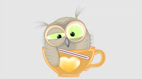 A sick owl with a thermometer in a mug. Stock Footage 148492709