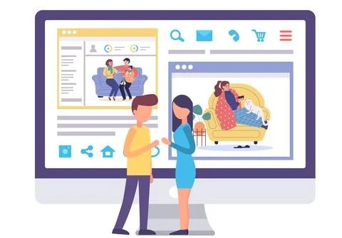 Sick people on computer screen. Couple discussing pictures of treatment process Illustrazione stock