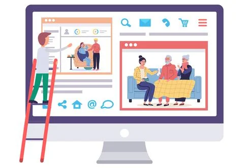 Sick people on computer screen. Man on stepladder looks at monitor with picture Stock-Illustration