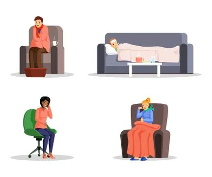 Sick people flat vector illustrations set. Young men and women with cold, fever Stock Illustration