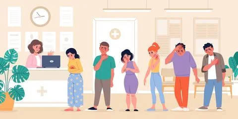 Sick people in queue. Sad characters with pain, patients at hospital reception Stock Illustration
