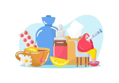 Sick person use medicine, vector illustration. Man character with illness, flu Stock Illustration