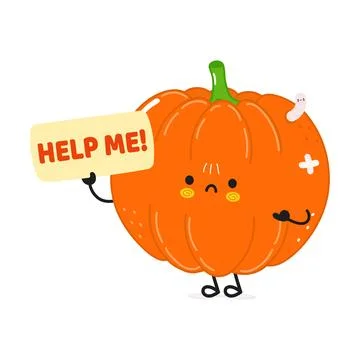 Sick Pumpkin asks for help character. Vector hand drawn cartoon kawaii char.. Stock Illustration