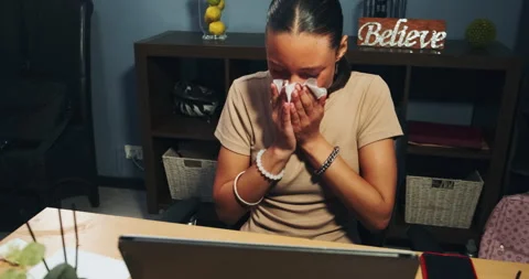Sick, sneeze or cold while working from home, Young, woman and freelancer or Stock Footage 317109437