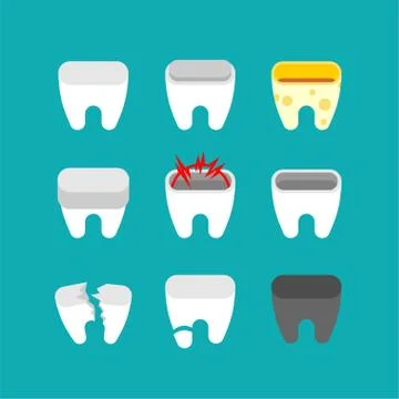 Sick teeth set. Caries and Broken tooth. Dentist vector illustration Stock Illustration