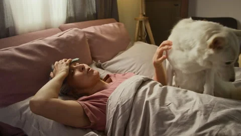 Sick Woman Lying in Bed with Compress on Forehead, Dog Settling by Her Side Stock Footage 331007487