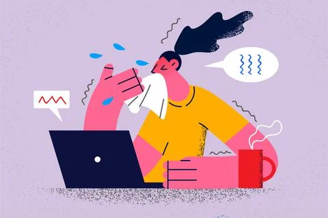 Sick woman work on computer having cold Stock Illustration