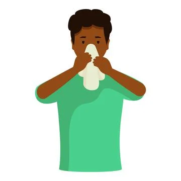 Sick young man blowing nose with tissue paper, suffering from cold or flu Stock Illustration