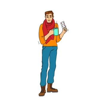 Sick young man drinks hot tea and holds pills in hand due to having cold and flu Illustrazione stock