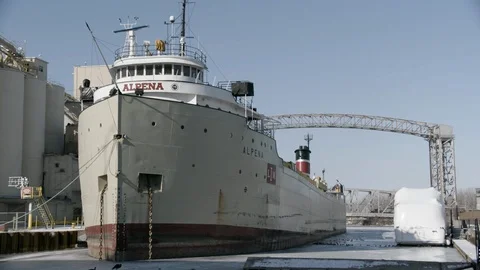 Sid dangle of Ship moored in frozen lake in Cleveland, OH Stock Footage 89945029
