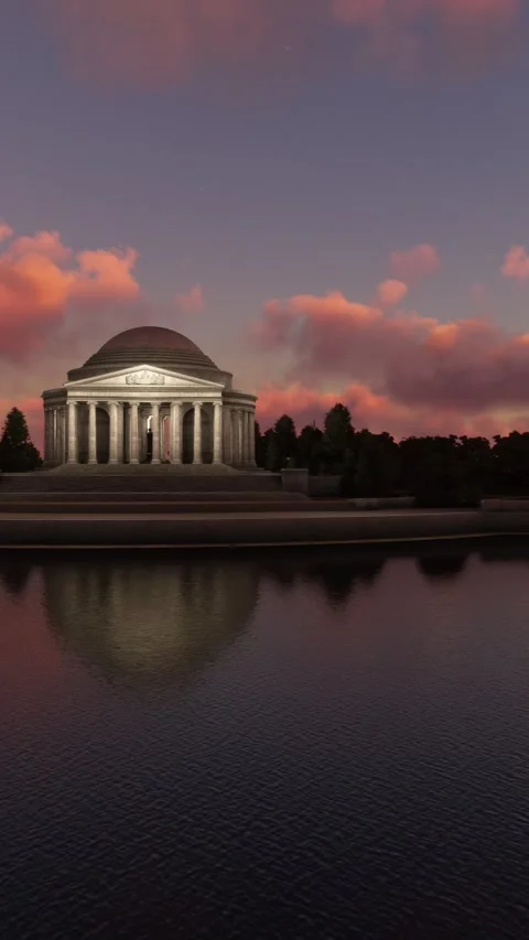 Side aerial shot at sunset of the Thomas Jefferson Memorial in Washington D.C. Stock Footage 284884150