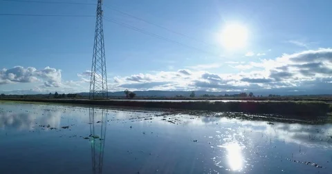 Side aerial view flooded rice agricultural rural fields with electric line pylon Stock-Footage 77975874