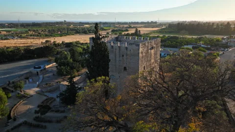 Side aerial view of Kolossi Castle in Cyprus, Stock Footage 341552362