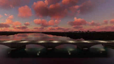 Side aerial view at sunset of the Arlington Memorial Bridge in Washington D.C. Stock Footage 248202647