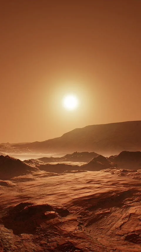 Side aerial view at sunset of the red Martian desert surface on Mars Stock Footage 282054785