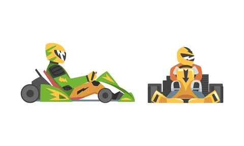 Side and front view of professional racing driver sitting in race car set Stock Illustration