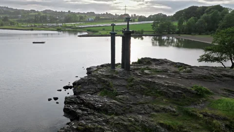 Side angle drone view of Sverd i Fjell monument by Hafrsfjord Stavanger. Stock Footage 328131400